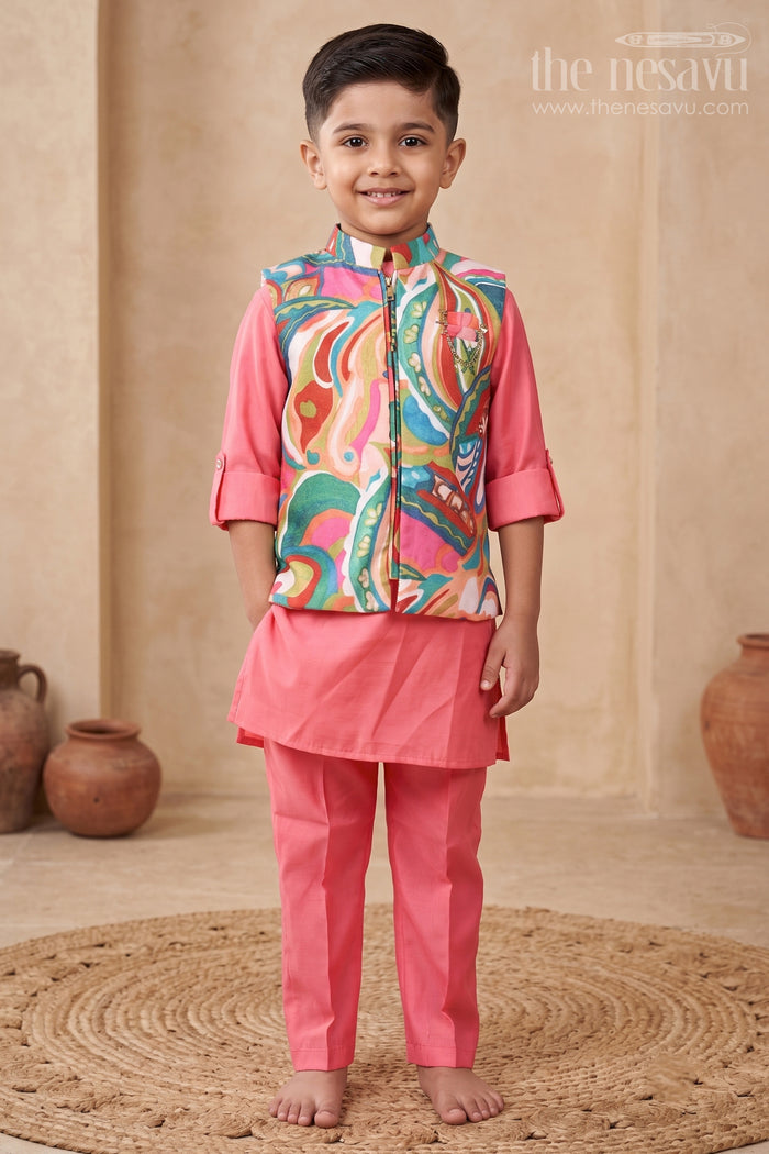 The Nesavu Boys Kurtha Set Boys Kurta Set with Vibrant Printed Jacket for Weddings and Festive Events Nesavu 16 (1Y) / Pink BES906A-16 Nesavu boys kurta set vibrant cotton printed jacket weddings celebrations