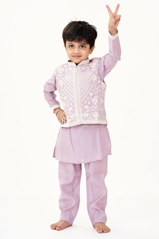 The Nesavu Boys Kurtha Set Boys Kurta with Pocket in Mauve Cotton Blend and Embroidered Thread Work Jacket Nesavu 16 (1Y) / Purple BES687A-16 Nesavu Boys Kurta Pocket Mauve Cotton Blend Thread Embroidered Jacket