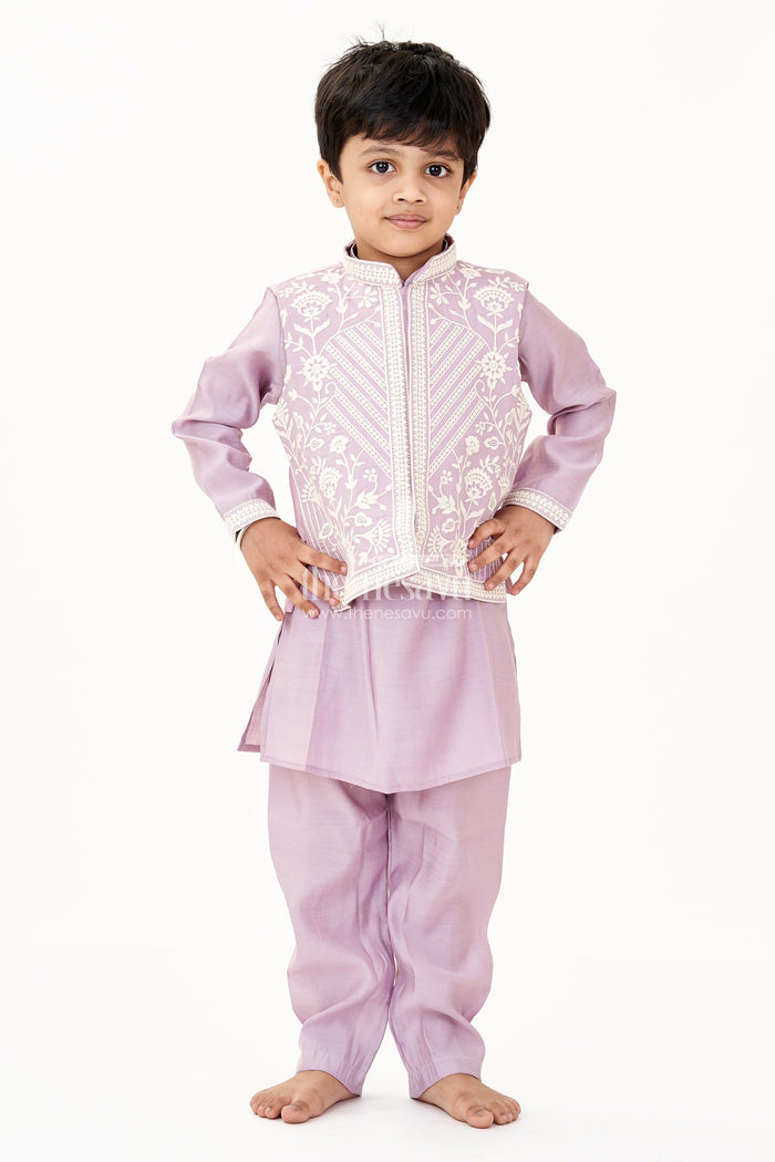 The Nesavu Boys Kurtha Set Boys Kurta with Pocket in Mauve Cotton Blend and Embroidered Thread Work Jacket Nesavu Nesavu Boys Kurta Pocket Mauve Cotton Blend Thread Embroidered Jacket