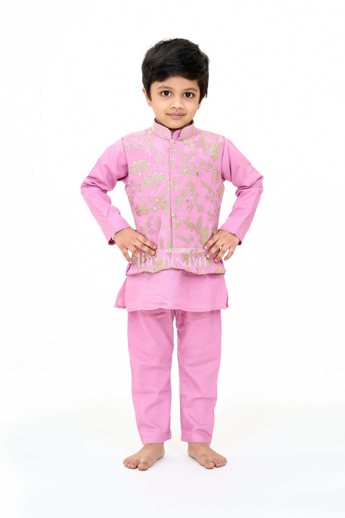 The Nesavu Boys Kurtha Set Boys Lavender Cotton Kurta with Embroidered Jacket and Matching Pants for Festive Wear Nesavu 14 (6M) / Blue BES624C-14 Nesavu Boys Lavender Cotton Kurta Embroidered Jacket Matching Pants Festive Wear