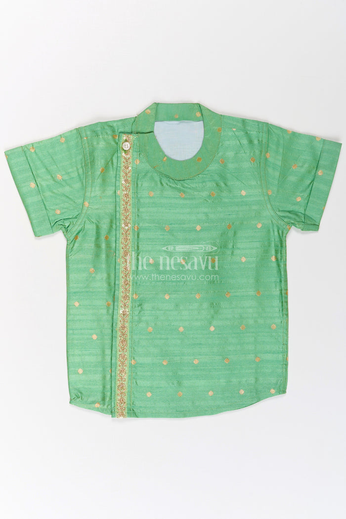 The Nesavu Boys Silk Shirt Boys Light Green Banaras Silk Shirt with Subtle Golden Buttas and Traditional Zari Trim Nesavu Light Green Boys Banaras Silk Shirt Golden Buttas Ethnic Zari Panel Detailing | The Nesavu