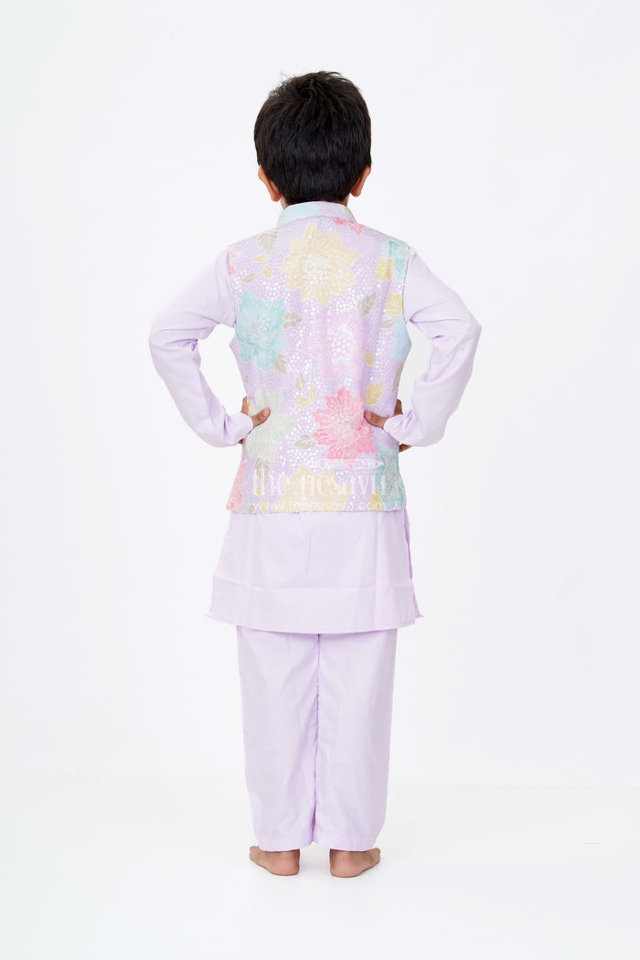 The Nesavu Boys Kurtha Set Boys Light Purple Kurta Set with Sequin Floral Jacket in Pastel Tones on Silk Blend Fabric Nesavu Nesavu Boys Light Purple Kurta Set Pastel Sequin Floral Jacket Silk Blend
