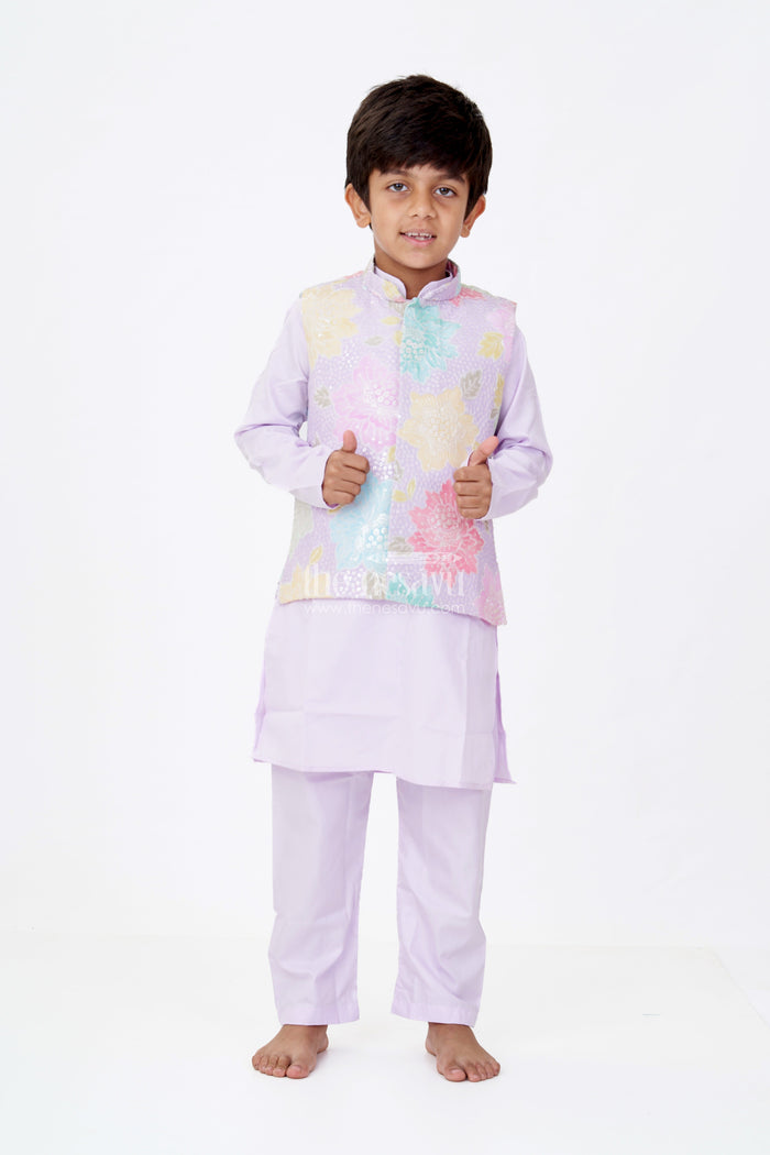 The Nesavu Boys Kurtha Set Boys Light Purple Kurta Set with Sequin Floral Jacket in Pastel Tones On Silk Blend Fabric Nesavu Boys Light Purple Kurta Set Pastel Sequin Floral Jacket Silk Blend | The Nesavu