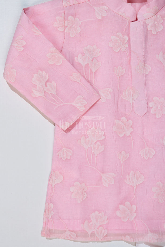 The Nesavu Boys Kurtha Set Boys Male Kurta in Blended Silk with Floral Detailing and Pajama for Festive Wear Nesavu Nesavu Boys Male Kurta Blended Silk Floral Detailing Pajama Festive Wear