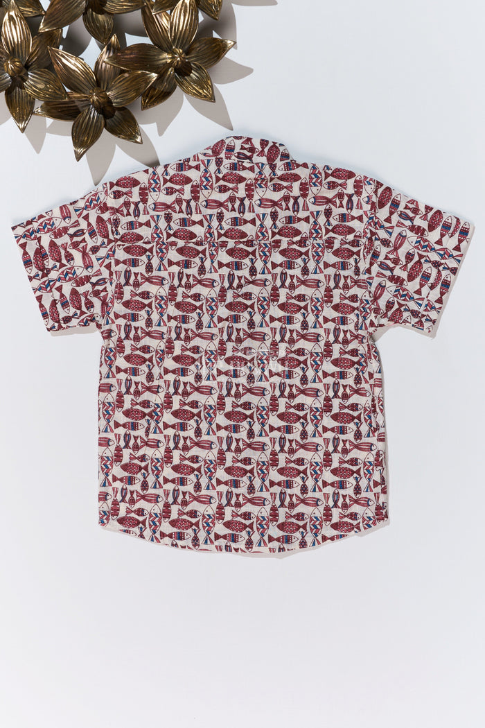The Nesavu Boys Cotton Shirt Boys Matching Shirts for Brothers in Cotton Block Print with Traditional Fish Motif Nesavu Boys Matching Shirts Brothers Cotton Block Print Stylish Fish Motif | The Nesavu