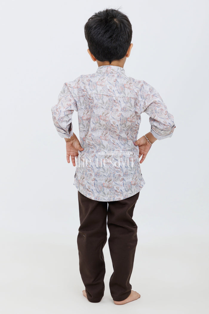 The Nesavu Boys Casual Set Boys Multicolor Floral Print Shirt with Black Slim-Fit Pants - Effortless Casual Look Nesavu Nesavu Boys Black Slim-Fit Pants Floral Print Shirt - Sophisticated Semi-Casual Set