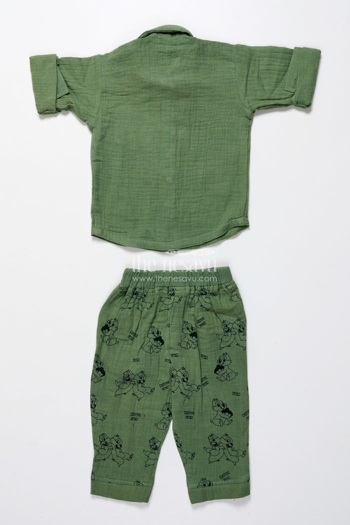 The Nesavu Boys Casual Set Boys Muslin Cotton Outfit Set with Cartoon Prints for Fun-Filled Days Nesavu Nesavu boys muslin cotton outfit set cartoon print toddlers fun days playful wear