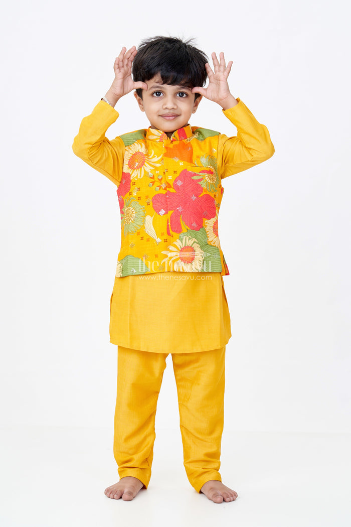 The Nesavu Boys Kurtha Set Boys Mustard Color Kurta Set with Floral Print Jacket and Sequin Embroidery in Viscose Blend Fabric Nesavu 16 (1Y) / Yellow BES662B-16 Nesavu Boys Mustard Color Kurta Set Floral Embroidered Jacket Viscose Blend Fabric