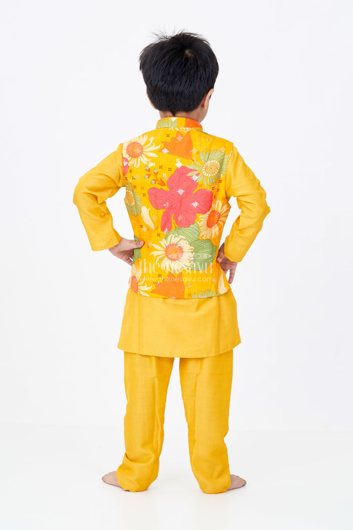 The Nesavu Boys Kurtha Set Boys Mustard Color Kurta Set with Floral Print Jacket and Sequin Embroidery in Viscose Blend Fabric Nesavu Nesavu Boys Mustard Color Kurta Set Floral Embroidered Jacket Viscose Blend Fabric