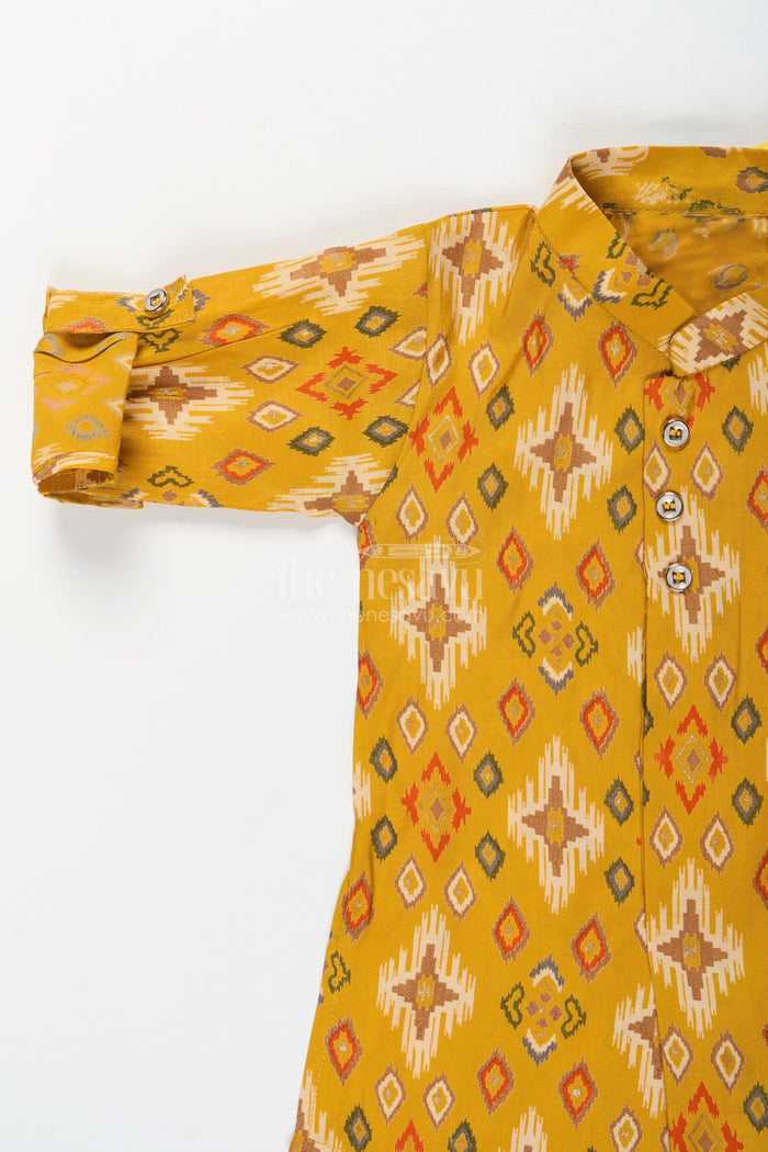 The Nesavu Boys Kurtha Set Boys mustard ikat print kurta and ivory pants set Nesavu Nesavu boys mustard ikat printed viscose modal silk kurta and ivory pant set festive ethnic wear