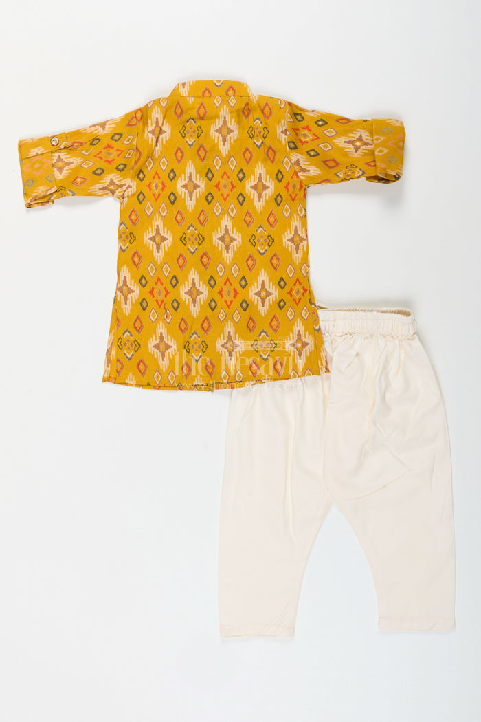 The Nesavu Boys Kurtha Set Boys mustard ikat print kurta and ivory pants set Nesavu Nesavu boys mustard ikat printed viscose modal silk kurta and ivory pant set festive ethnic wear