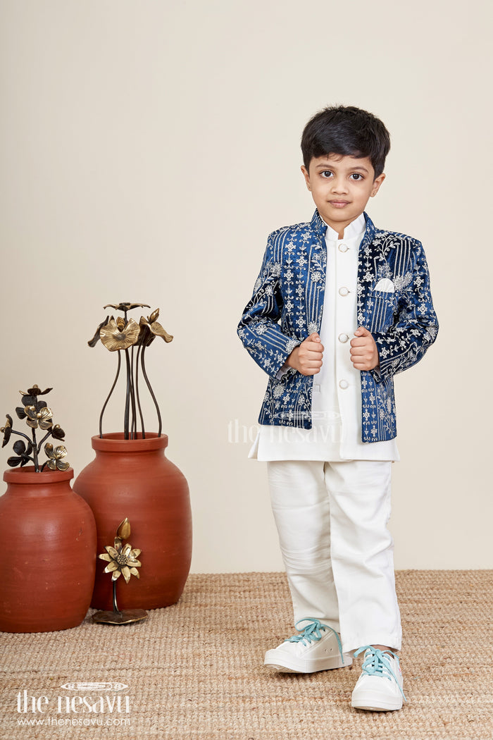 The Nesavu Boys Jacket Sets Boys navy jacket set with velvet floral embroidery and white kurta Nesavu 14 (6M) / Blue BES880A-14 Nesavu boys velvet jacket set in navy with white kurta and pants