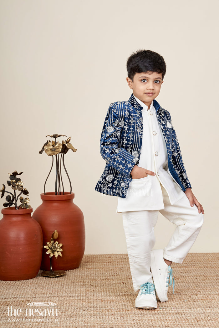 The Nesavu Boys Jacket Sets Boys navy jacket set with velvet floral embroidery and white kurta Nesavu Nesavu boys velvet jacket set in navy with white kurta and pants