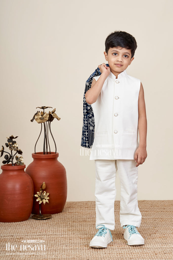 The Nesavu Boys Jacket Sets Boys navy jacket set with velvet floral embroidery and white kurta Nesavu Nesavu boys velvet jacket set in navy with white kurta and pants