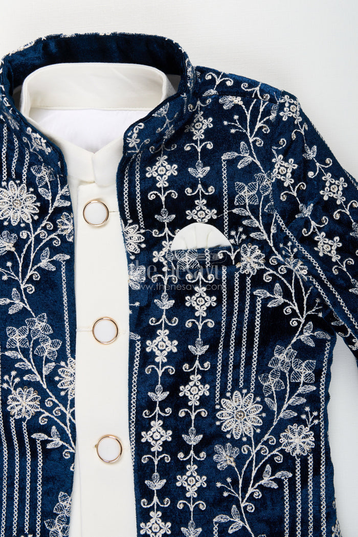 The Nesavu Boys Jacket Sets Boys navy jacket set with velvet floral embroidery and white kurta Nesavu Nesavu boys velvet jacket set in navy with white kurta and pants