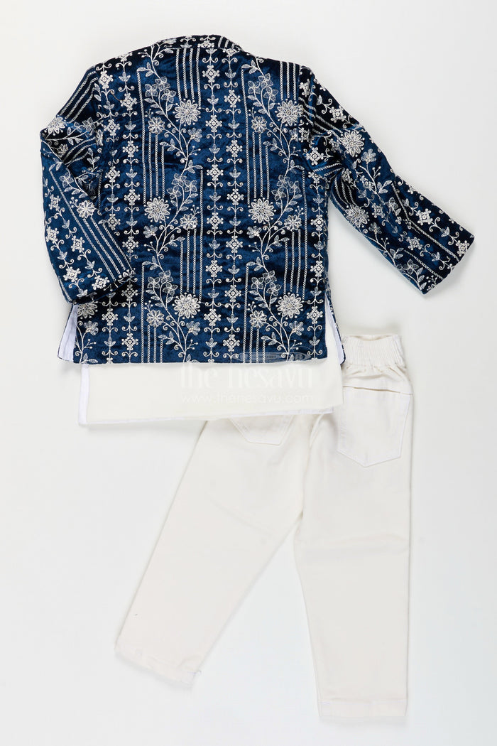 The Nesavu Boys Jacket Sets Boys navy jacket set with velvet floral embroidery and white kurta Nesavu Nesavu boys velvet jacket set in navy with white kurta and pants