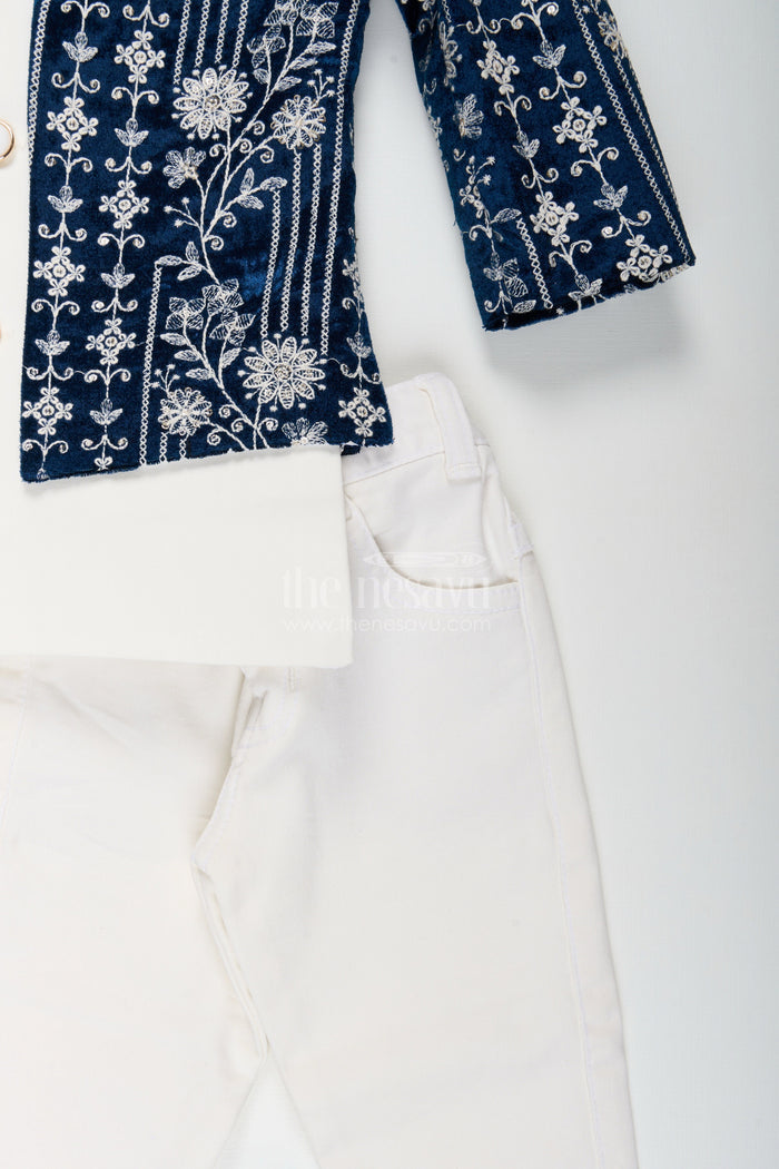 The Nesavu Boys Jacket Sets Boys navy jacket set with velvet floral embroidery and white kurta Nesavu Nesavu boys velvet jacket set in navy with white kurta and pants