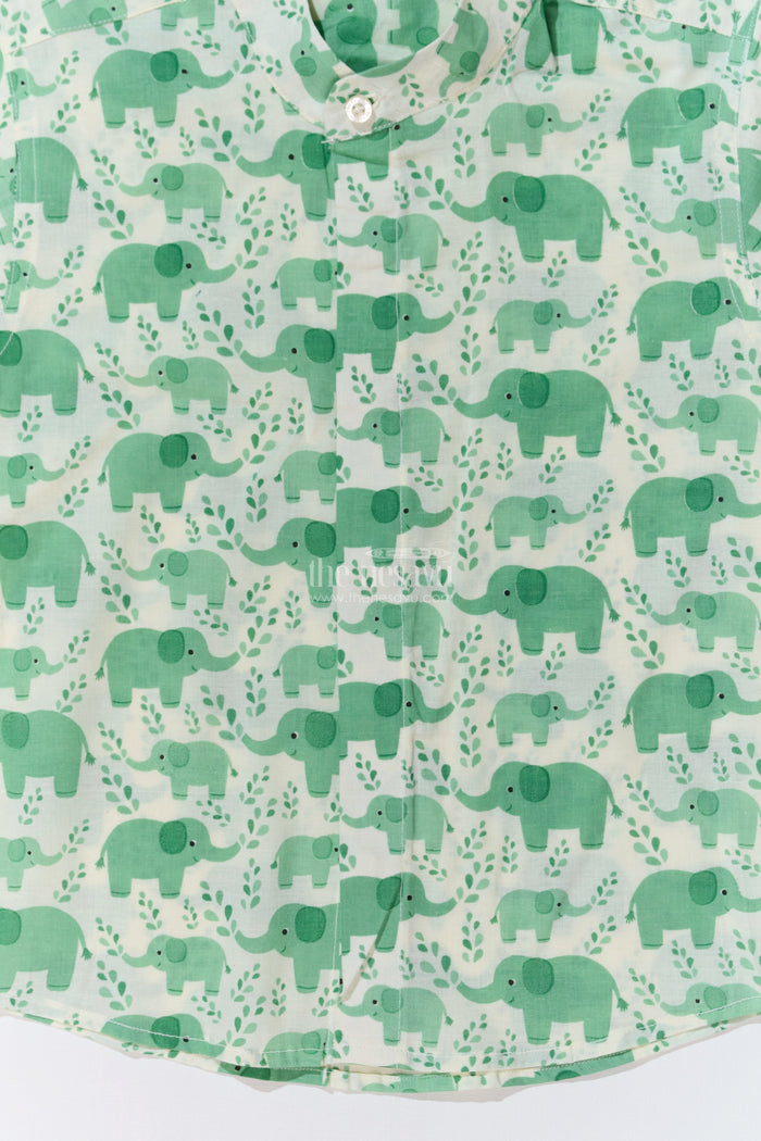 The Nesavu Boys Cotton Shirt Boys Olive Green Half Sleeve Shirt in Cotton Block Print with Adorable Elephant Design Nesavu Boys Olive Green Half Sleeve Shirt Cotton Block Print Cute Elephant Print | The Nesavu