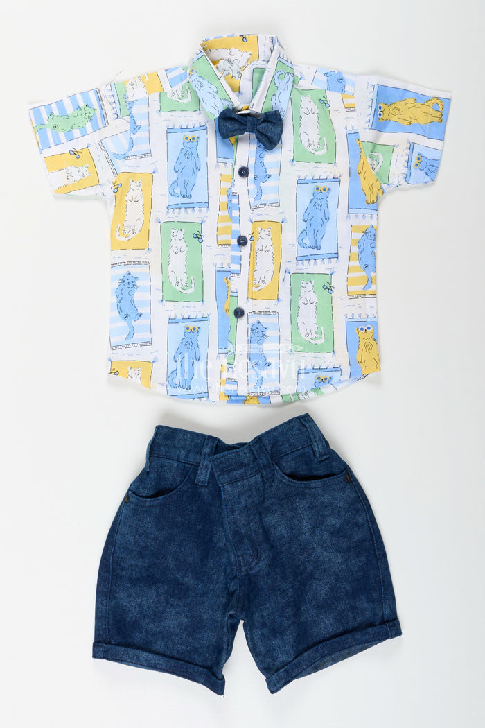 The Nesavu Boys Casual Set Boys pastel cat print shirt and denim shorts set Nesavu Nesavu boys pastel cat print shirt and denim shorts set cute summer casual outfit
