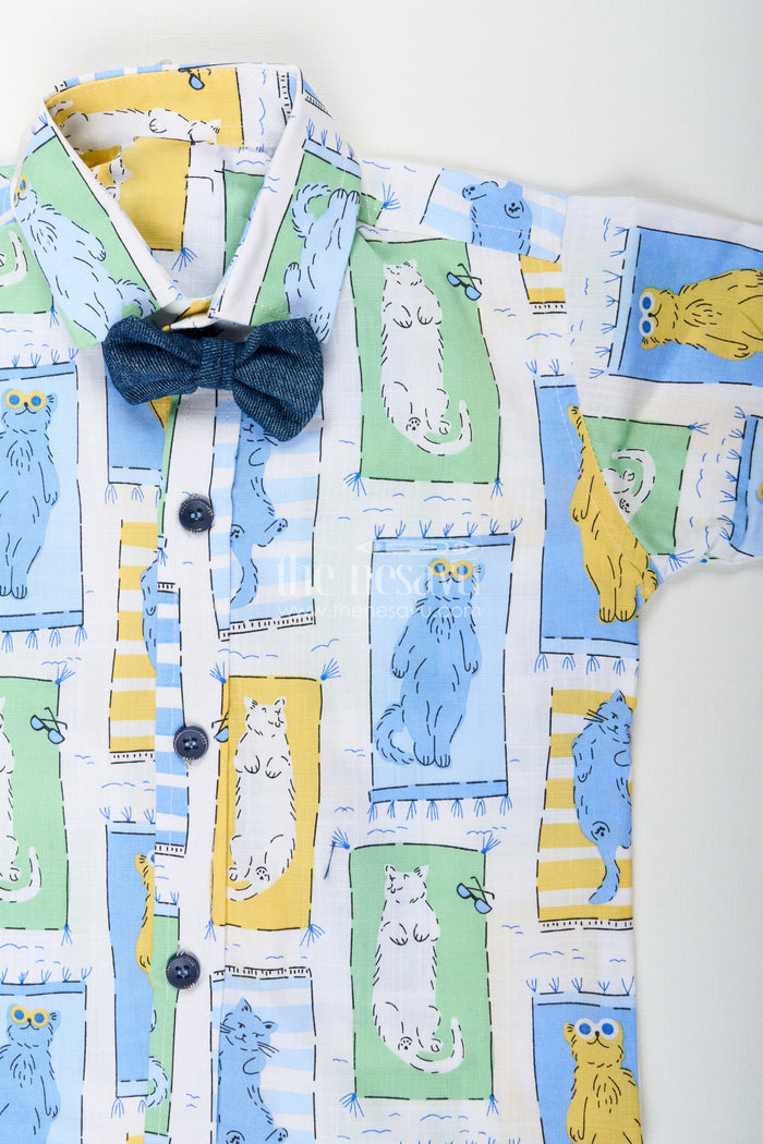 The Nesavu Boys Casual Set Boys pastel cat print shirt and denim shorts set Nesavu Nesavu boys pastel cat print shirt and denim shorts set cute summer casual outfit