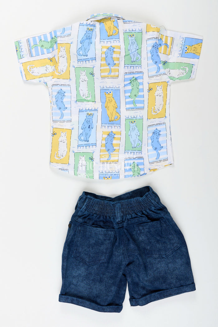 The Nesavu Boys Casual Set Boys pastel cat print shirt and denim shorts set Nesavu Nesavu boys pastel cat print shirt and denim shorts set cute summer casual outfit