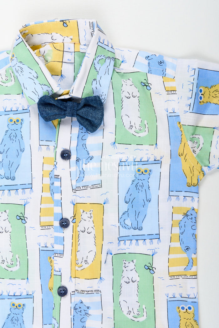 The Nesavu Boys Casual Set Boys pastel cat print shirt and denim shorts set Nesavu Nesavu boys pastel cat print shirt and denim shorts set cute summer casual outfit