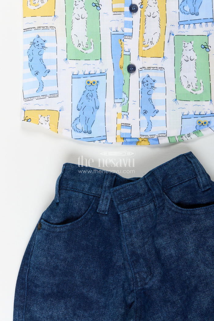 The Nesavu Boys Casual Set Boys pastel cat print shirt and denim shorts set Nesavu Nesavu boys pastel cat print shirt and denim shorts set cute summer casual outfit