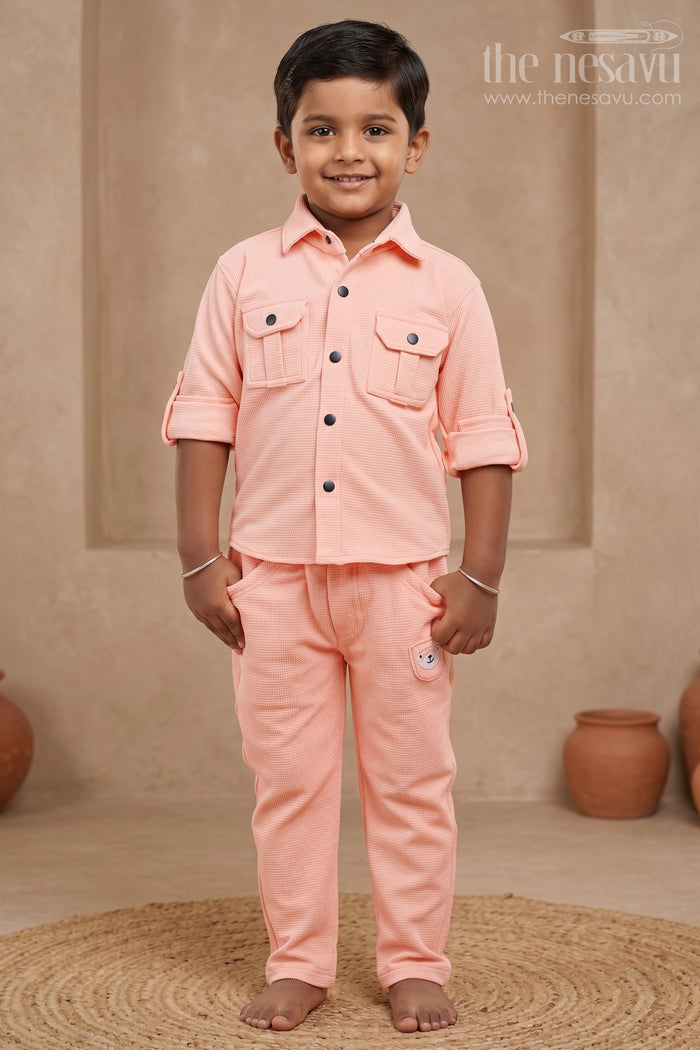 The Nesavu Boys Casual Set Boys Pastel Pink Shirt and Pant Settrendy and Comfortable Nesavu 14 (6M) / Pink / Knitted Lycra BES528C-14 Boys Chic Pastel Pink Casual Set | The Nesavu