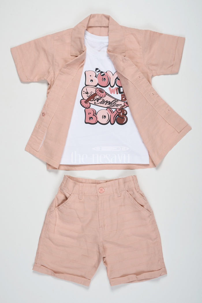 The Nesavu Boys Casual Set Boys Peach Casual Set with Button-Down Shirt, Graphic T-Shirt, and Matching Shorts Nesavu Nesavu Boys Peach Casual Set Graphic T-Shirt Button-Down Shirt Matching Shorts Summer Outings