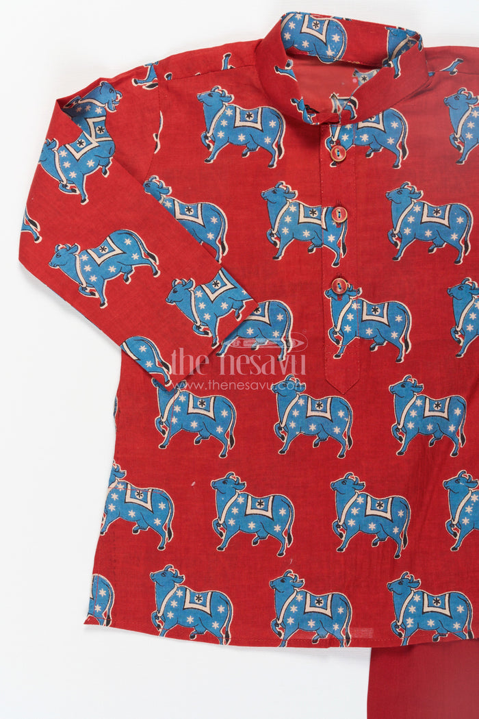 The Nesavu Boys Kurtha Set Boys Pichwai Cotton Kurta with Traditional Block Prints and Matching Pants in Red Nesavu Nesavu Boys Pichwai Cotton Kurta Traditional Block Prints Matching Pants Red