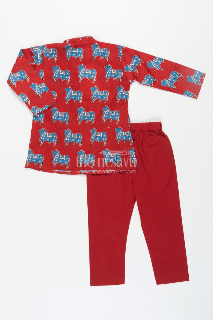 The Nesavu Boys Kurtha Set Boys Pichwai Cotton Kurta with Traditional Block Prints and Matching Pants in Red Nesavu Nesavu Boys Pichwai Cotton Kurta Traditional Block Prints Matching Pants Red