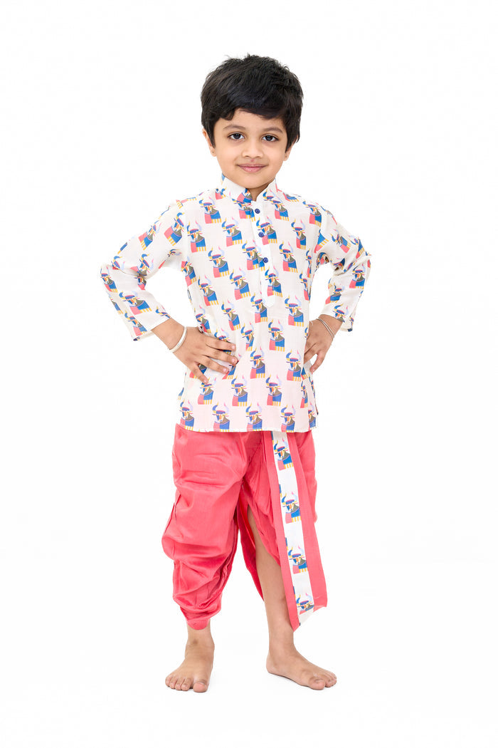 The Nesavu Boys Dothi Set Boys Pink and Cream Dhoti Kurta Set with Printed Design for Traditional Celebrations Nesavu 12 (3M) / Pink BES627A-12 Nesavu Boys Pink Cream Dhoti Kurta Set Printed Design Festive Celebrations