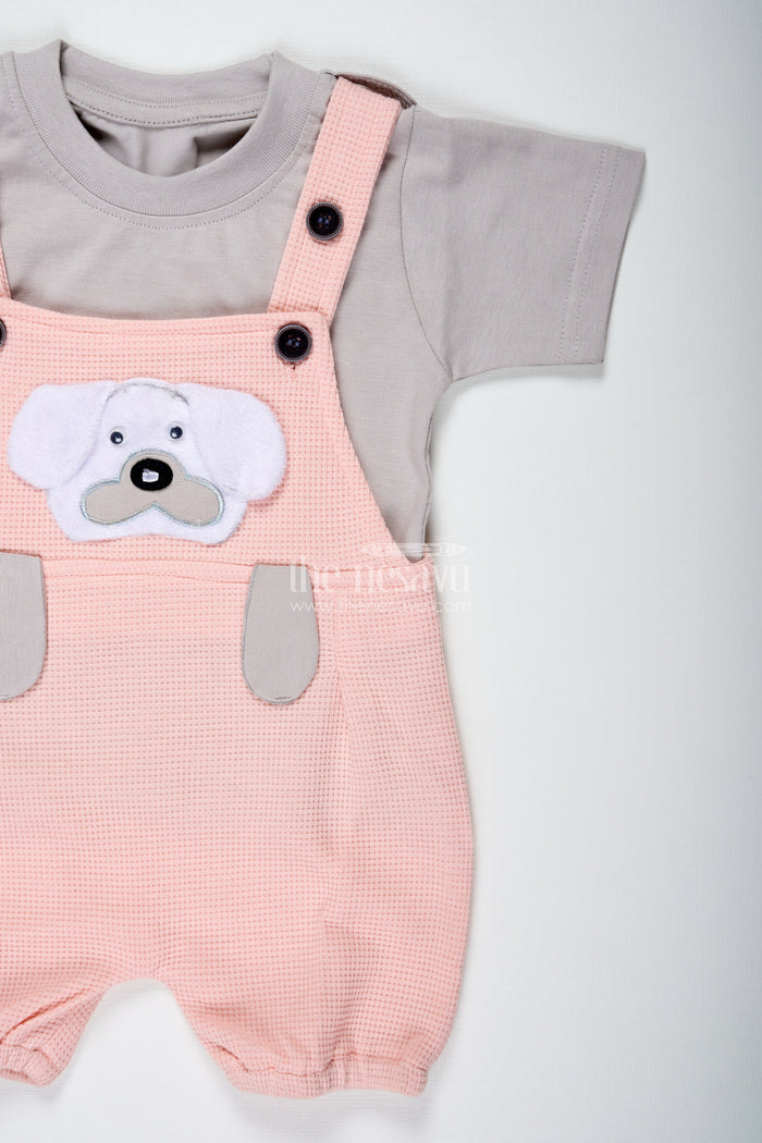 The Nesavu Boys Casual Set Boys Pink Casual Outfit in Cotton Waffle Knit with Embellished Dog Patch and Comfortable Overalls Nesavu Nesavu Boys Cotton Waffle Knit Pink Casual Outfit Dog Patch Soft Overalls