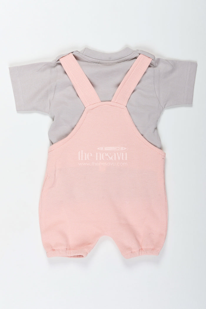 The Nesavu Boys Casual Set Boys Pink Casual Outfit in Cotton Waffle Knit with Embellished Dog Patch and Comfortable Overalls Nesavu Nesavu Boys Cotton Waffle Knit Pink Casual Outfit Dog Patch Soft Overalls