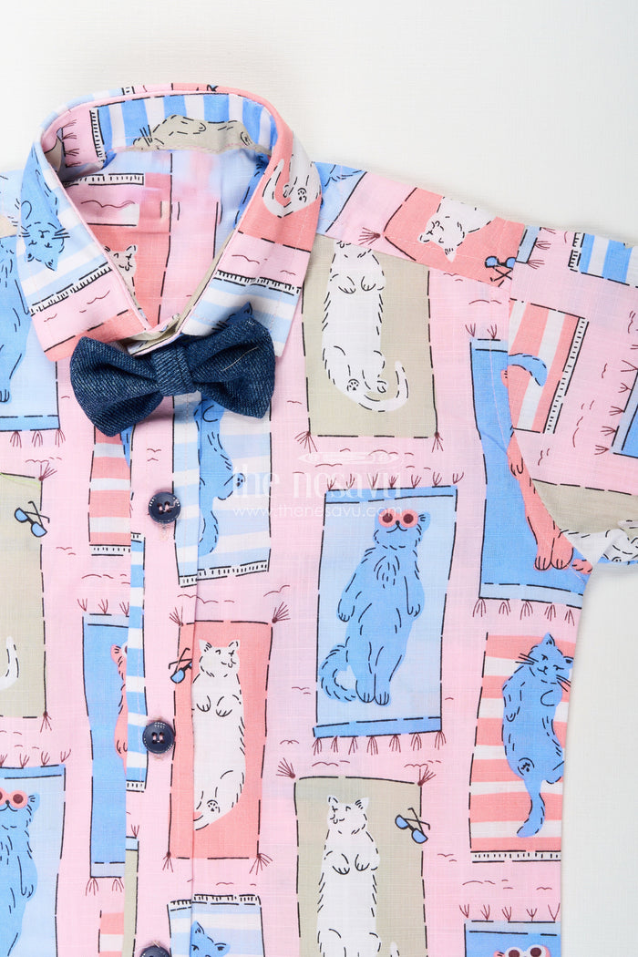 The Nesavu Boys Casual Set Boys pink cat print shirt and denim shorts set Nesavu Nesavu boys pink cat print shirt and denim shorts set fun casualwear for toddlers
