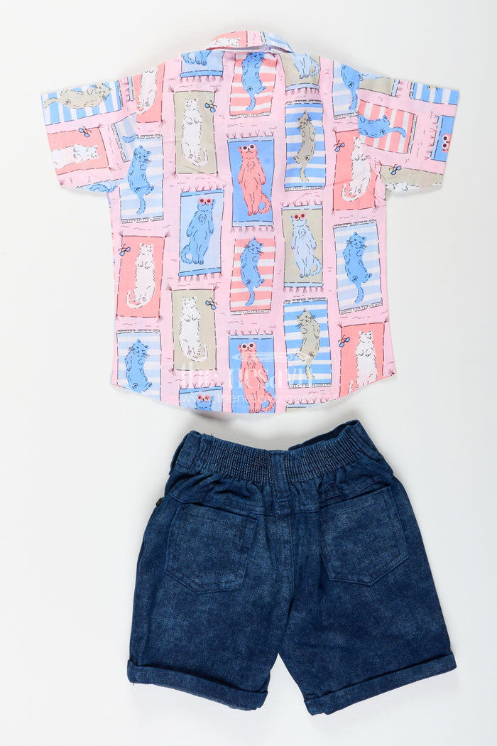 The Nesavu Boys Casual Set Boys pink cat print shirt and denim shorts set Nesavu Nesavu boys pink cat print shirt and denim shorts set fun casualwear for toddlers