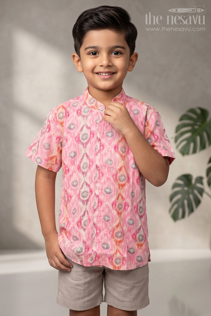The Nesavu Boys Cotton Shirt Boys Pink Ikat Print Rayon Shirt Vibrant Ethnic Wear for Kids Nesavu 16 (1Y) / Pink / Rayon BS154B-16 Boys Ikat Print Rayon Shirt | The Nesavu
