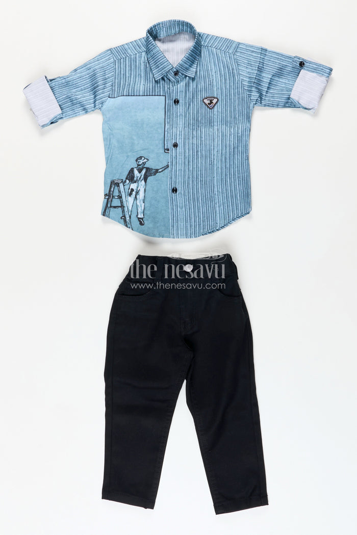 The Nesavu Boys Casual Set Boys Printed Cotton Casual Set with Jeans-Style Trousers Everyday Smart Wear Nesavu 16 (1Y) / Blue BES902A-16 Nesavu boys digitally printed cotton casual wear  trendy shirt pants combo