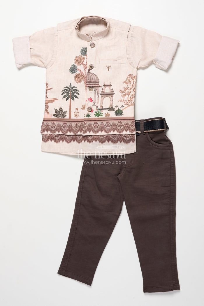 The Nesavu Boys Jacket Sets Boys Printed Kurta and Pant Set with Ethnic Jacket Style Nesavu Nesavu boys cotton kurta pant set ethnic digital prints festive casual celebrations