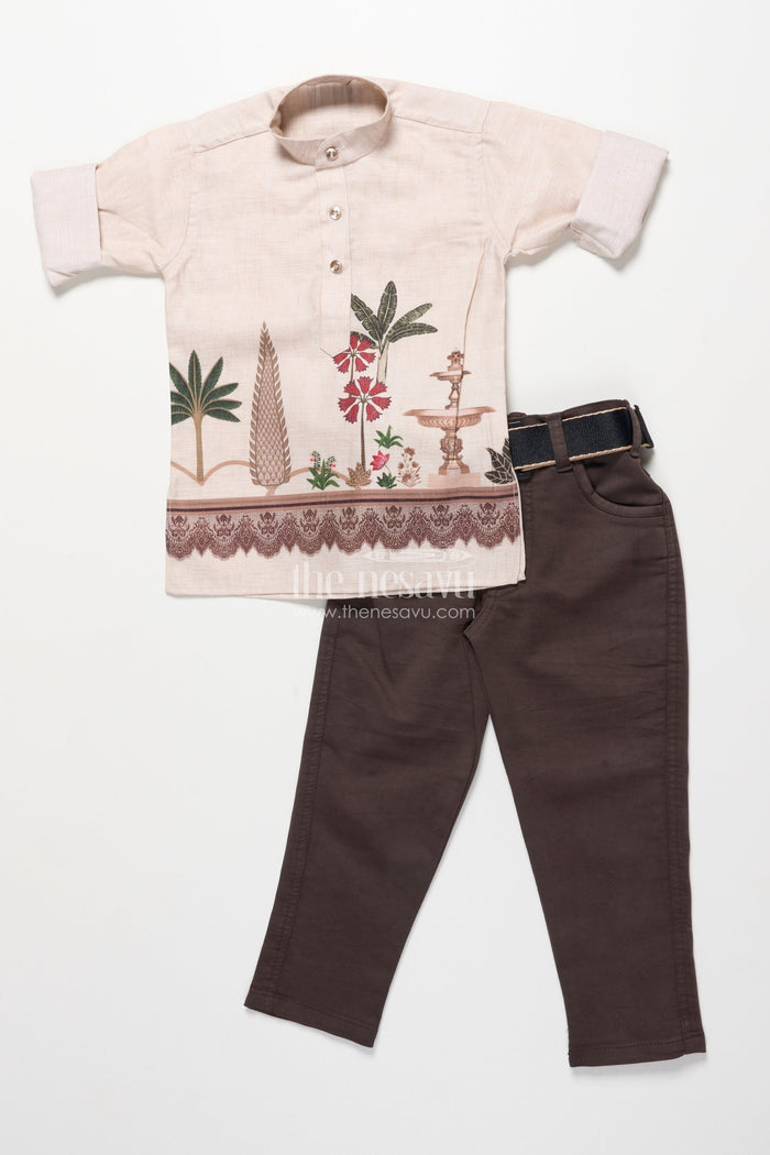 The Nesavu Boys Jacket Sets Boys Printed Kurta and Pant Set with Ethnic Jacket Style Nesavu Nesavu boys cotton kurta pant set ethnic digital prints festive casual celebrations
