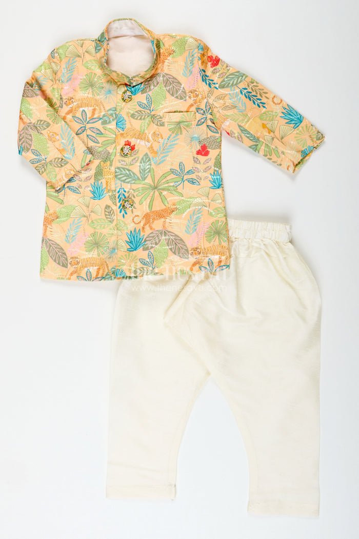 The Nesavu Boys Dothi Set Boys Printed Silk Kurta and Dhoti Set for Festive Family Occasions Nesavu 12 (3M) / Multicolor BES802A-12 Nesavu boys silk blend kurta dhoti set digital print festivals ceremonies