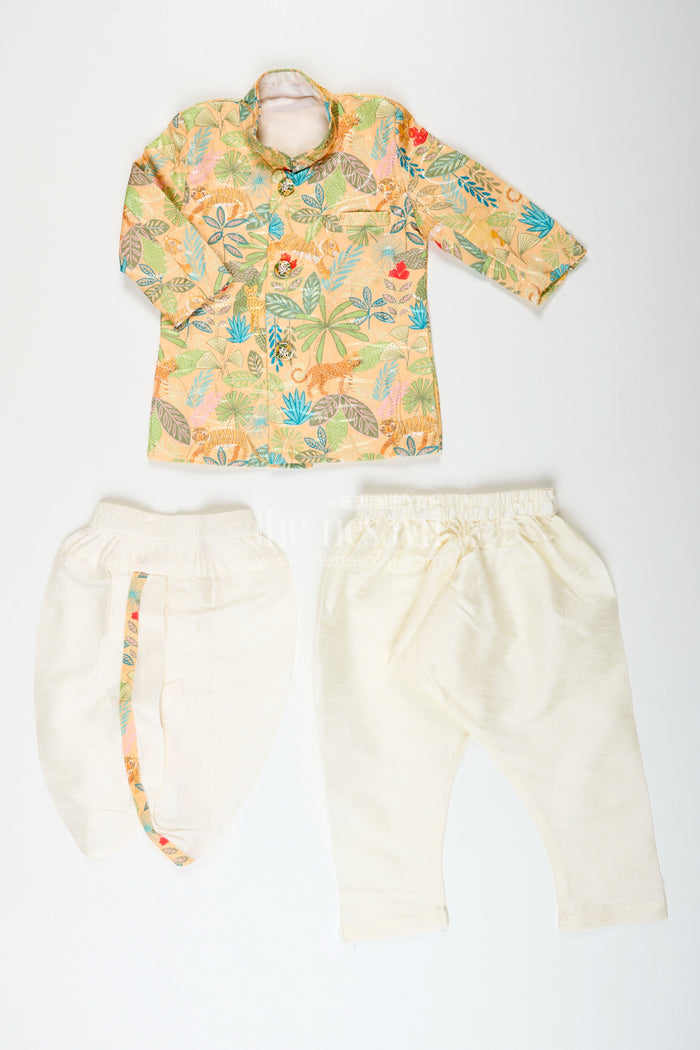 The Nesavu Boys Dothi Set Boys Printed Silk Kurta and Dhoti Set for Festive Family Occasions Nesavu Nesavu boys silk blend kurta dhoti set digital print festivals ceremonies
