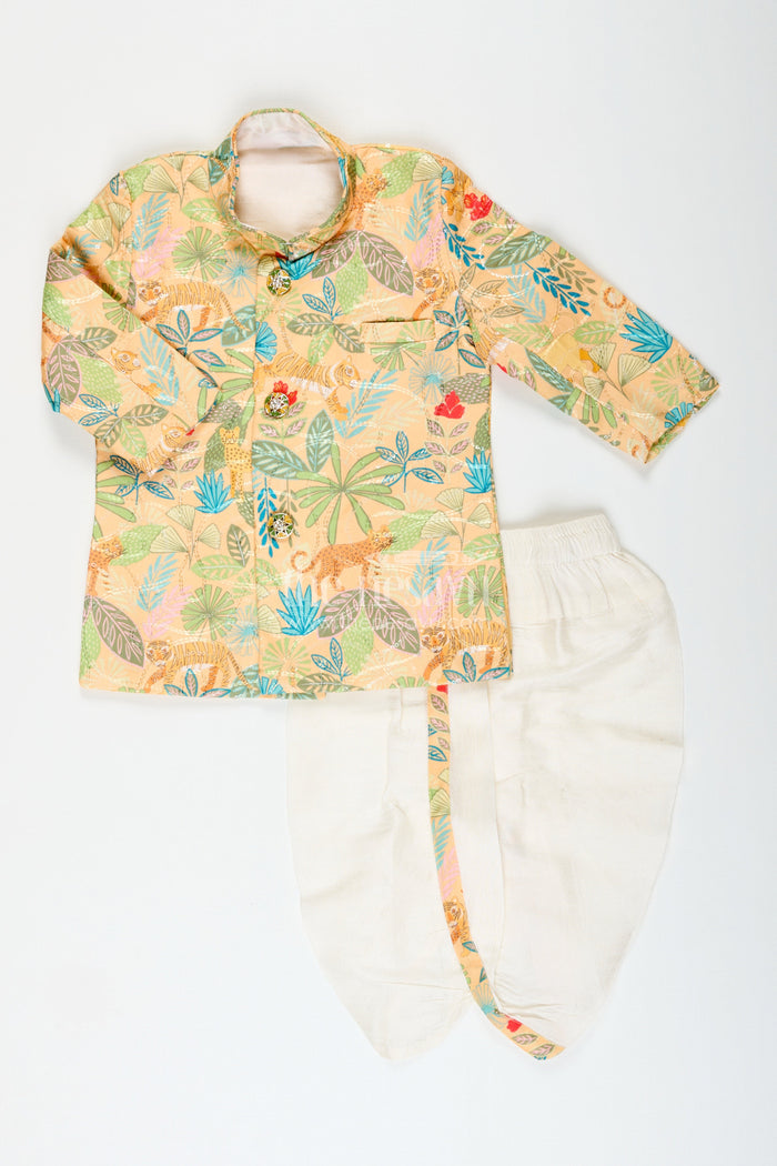 The Nesavu Boys Dothi Set Boys Printed Silk Kurta and Dhoti Set for Festive Family Occasions Nesavu Nesavu boys silk blend kurta dhoti set digital print festivals ceremonies