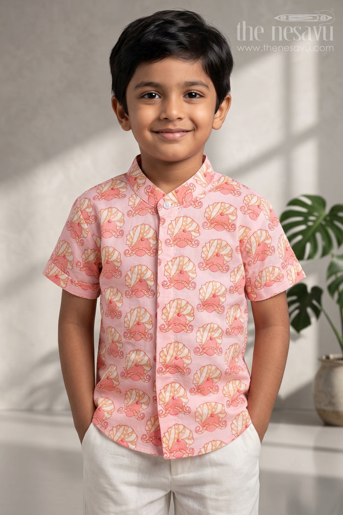The Nesavu Boys Cotton Shirt Boys Rajasthani Printed Pink Cotton Shirt By The Nesavu Nesavu 14 (6M) / Pink / Cotton BS045B-14 Boys Pink Shirt | The Nesavu