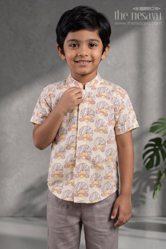 The Nesavu Boys Cotton Shirt Boys Rajasthani Printed Yellow Cotton Shirt By The Nesavu Nesavu 14 (6M) / Yellow / Cotton BS045C-14 Boys Yellow Shirt | The Nesavu