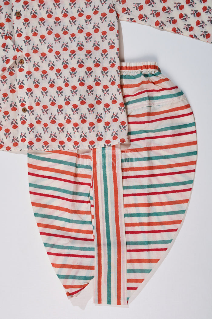 The Nesavu Boys Dothi Set Boys Readymade Dhoti Kurta in Red with Floral Printed Kurta and Striped Dhoti Nesavu Boys Red Floral Readymade Dhoti Kurta Striped Multicolor Dhoti | The Nesavu