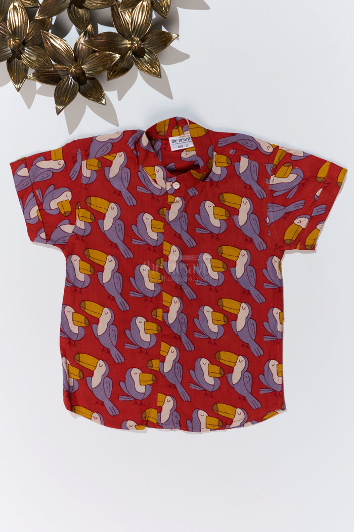 The Nesavu Boys Cotton Shirt Boys Red Printed Shirt Half Sleeve in Soft Rayon with Playful Toucan Design Nesavu 16 (1Y) / Red BS240D-16 Nesavu Boys Red Printed Shirt Half Sleeve Soft Rayon Playful Toucan Print