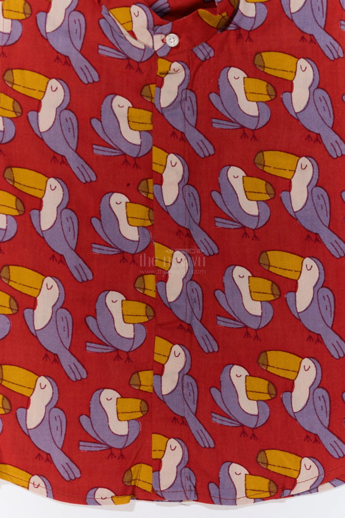 The Nesavu Boys Cotton Shirt Boys Red Printed Shirt Half Sleeve in Soft Rayon with Playful Toucan Design Nesavu Nesavu Boys Red Printed Shirt Half Sleeve Soft Rayon Playful Toucan Print