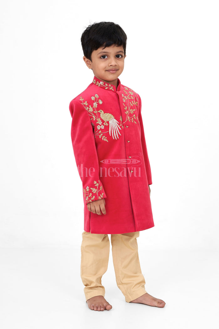 The Nesavu Boys Sherwani Boys Red Sherwani Clothes with Golden Embroidery and Cream Trousers Nesavu Nesavu Boys Red Sherwani Clothes Golden Embroidery Cream Trousers Festive Elegance