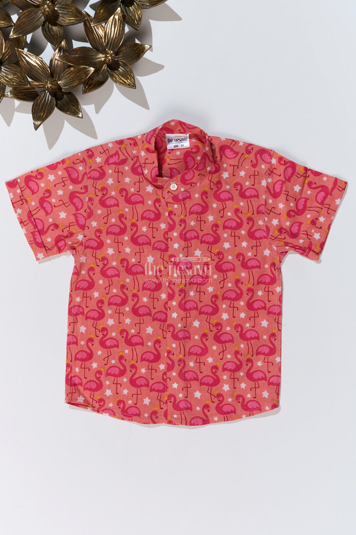 The Nesavu Boys Cotton Shirt Boys Red Shirt Half Sleeve in Cotton Block Print with Flamingo Pattern Nesavu 16 (1Y) / Orange BS243B-16 Boys Red Shirt Half Sleeve Cotton Block Print Flamingo Design | The Nesavu